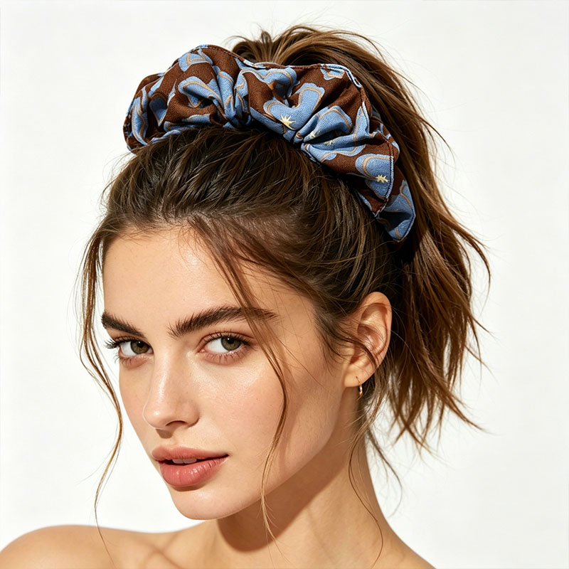Vintage Fashion Rings For Women - New Vintage Print Blue Brown Scrunchie
