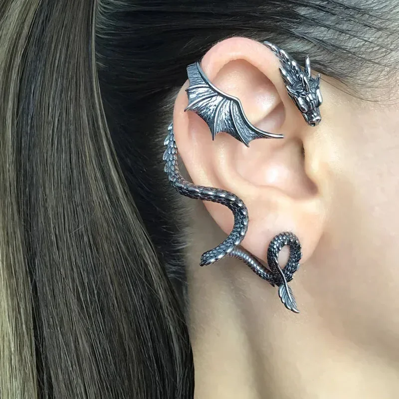 Vintage Fashion Ornaments - Gothic Dragon Stud Wrap Earrings Left